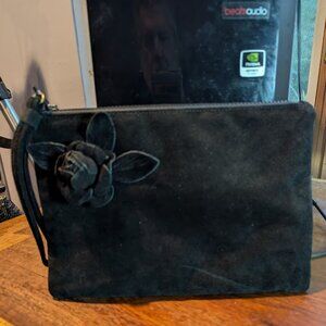 Ruth Saltz Black Suede Wristlet With Sculpted Black Rose